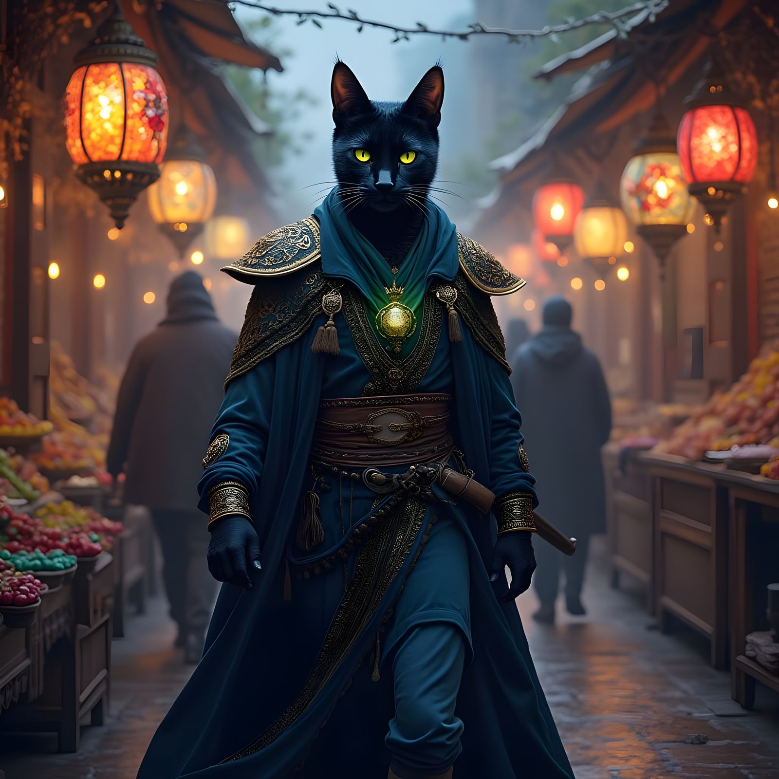 Dark Fantasy Tabaxi Swashbuckler in Art Deco Night Market