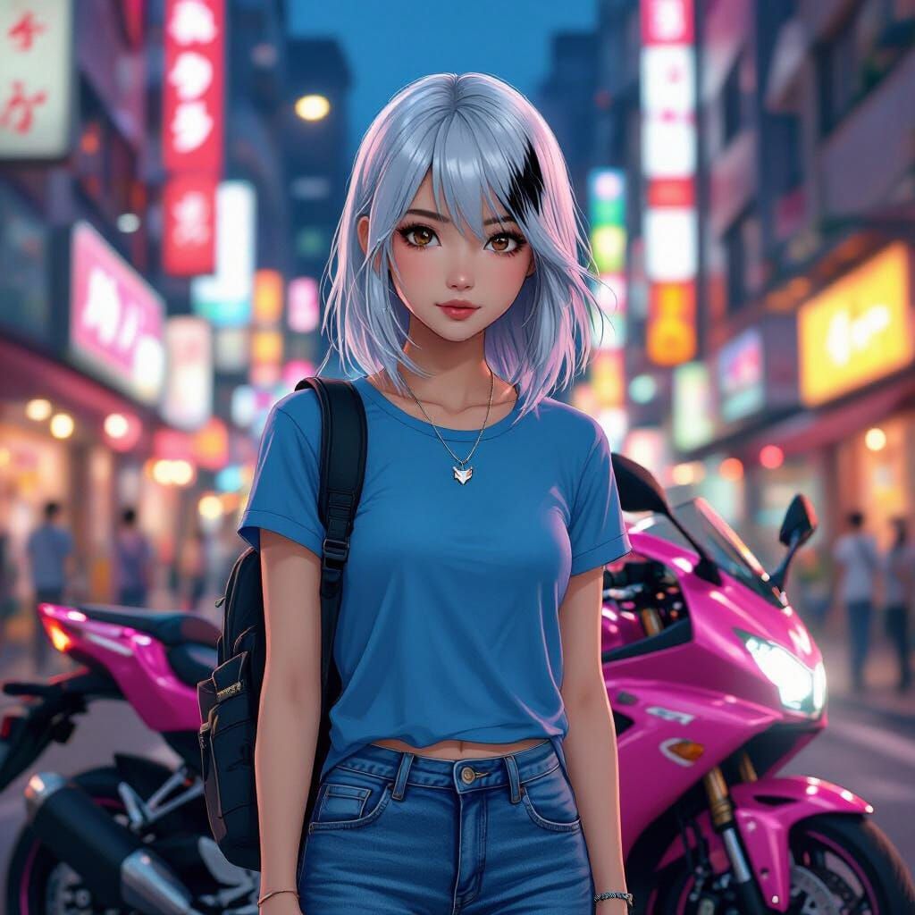 Japanese Woman with Silver Hair and Fox Necklace by Neon Mot...