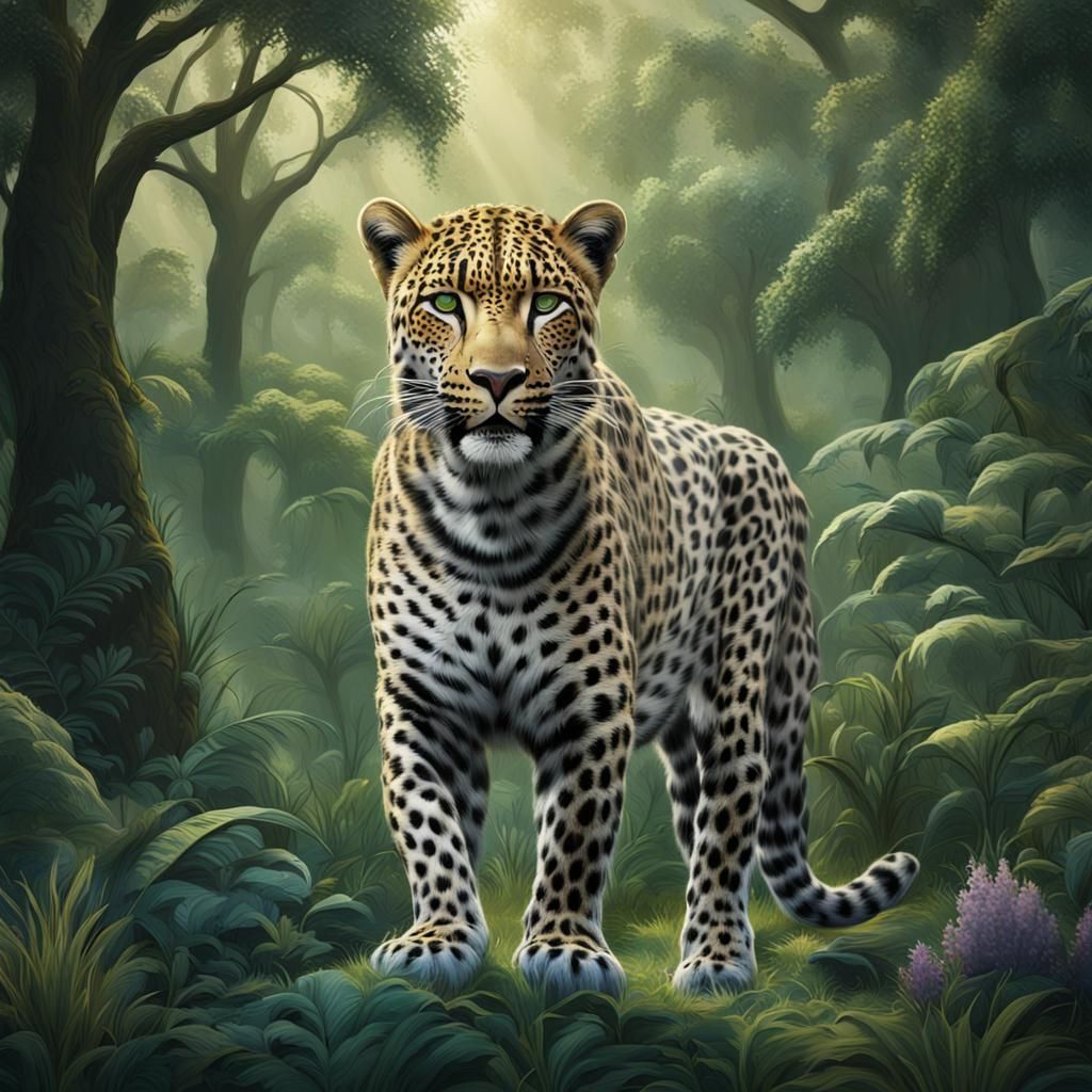 Leopard in Green Savannah Forest: Meander Art