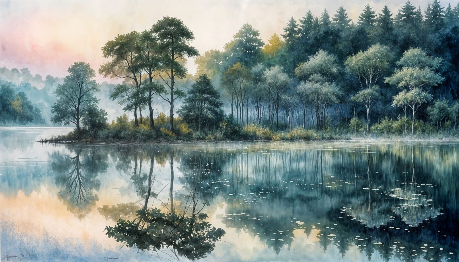 Evening Haze Lake: Watercolor Gouache Impressionist Painting