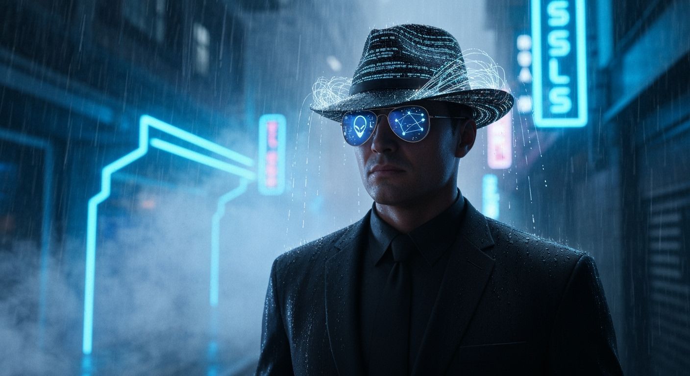 Futuristic Agent in Neon Alley Under Data Rain