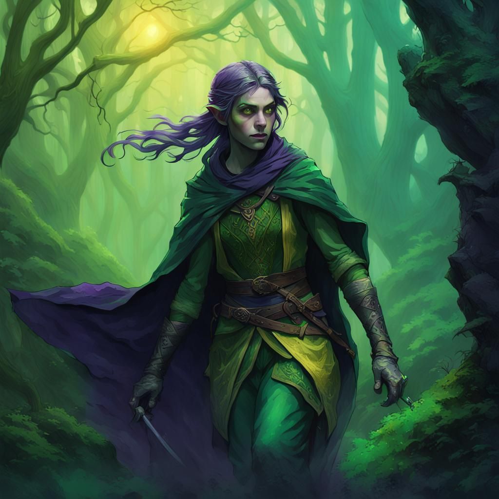Elf Rogue in Emerald Realm: Dark Fantasy Art