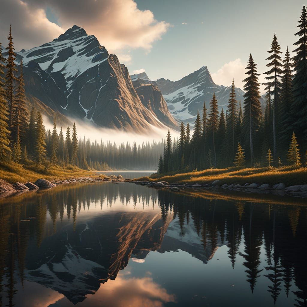 Serene Canadian Wilderness in Warm Oil Painting Style