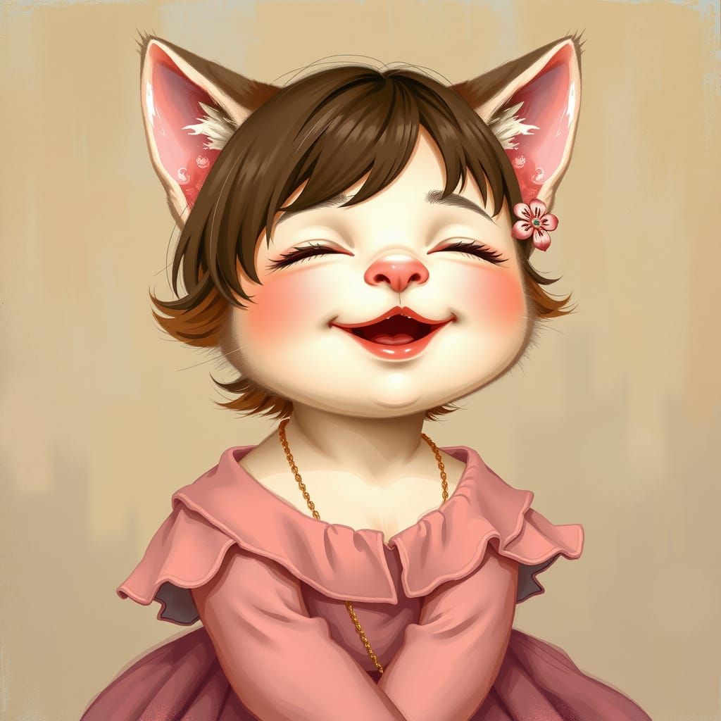 Sweet Pink Kitten Girl in a Whimsical Cartoon Style