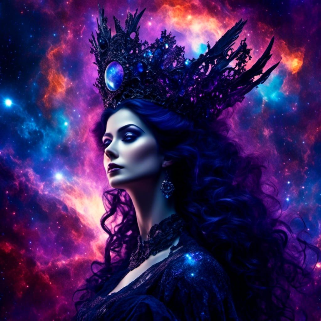 <lora:Gothic Beauty:1.0> <lora:Nebulae:1.0> <lora:Galaxy-Forge:1.0> Glowing nebula background,  dark Gothic galaxy godde...