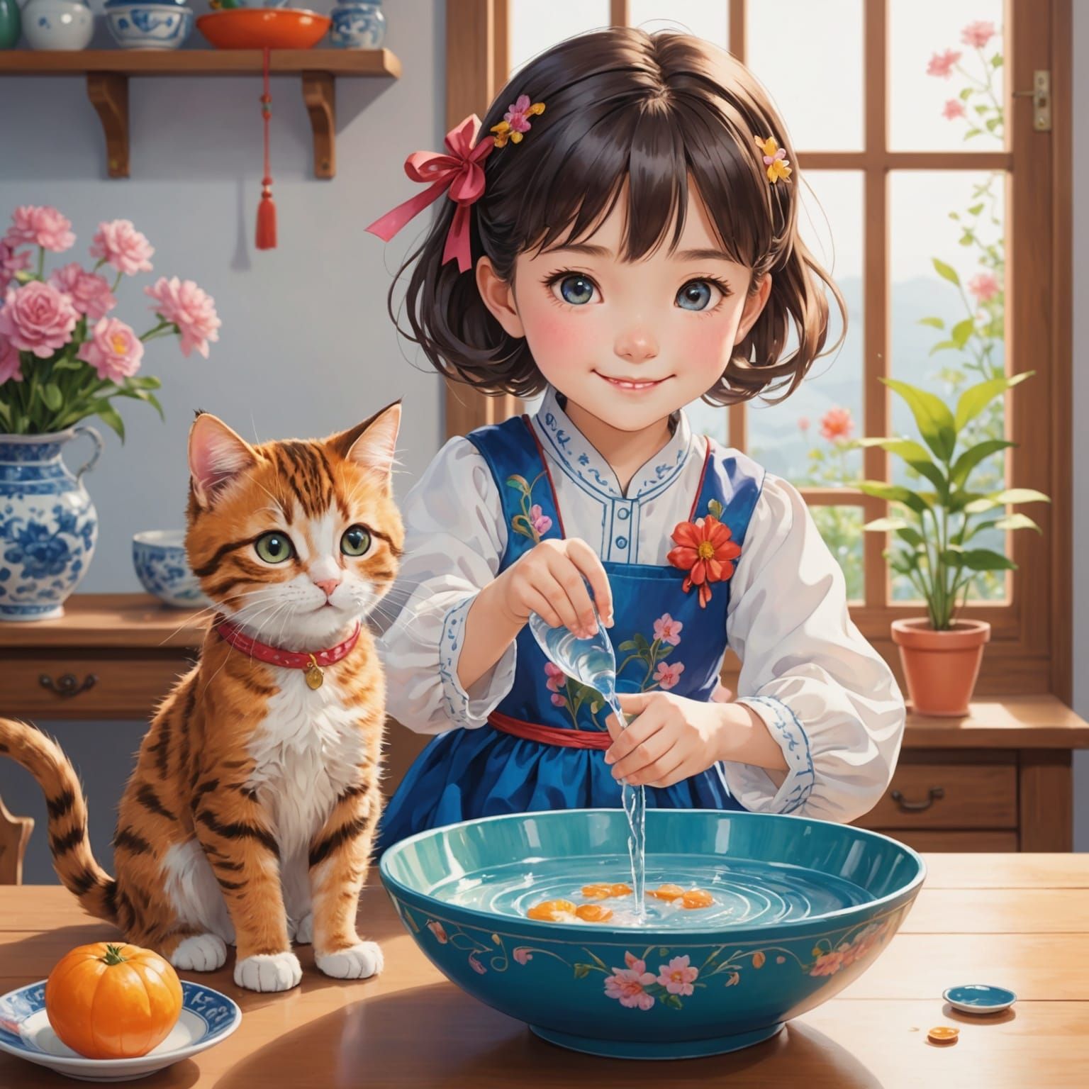 In bright colors: “A 4-year-old smiling anime girl is pourin...