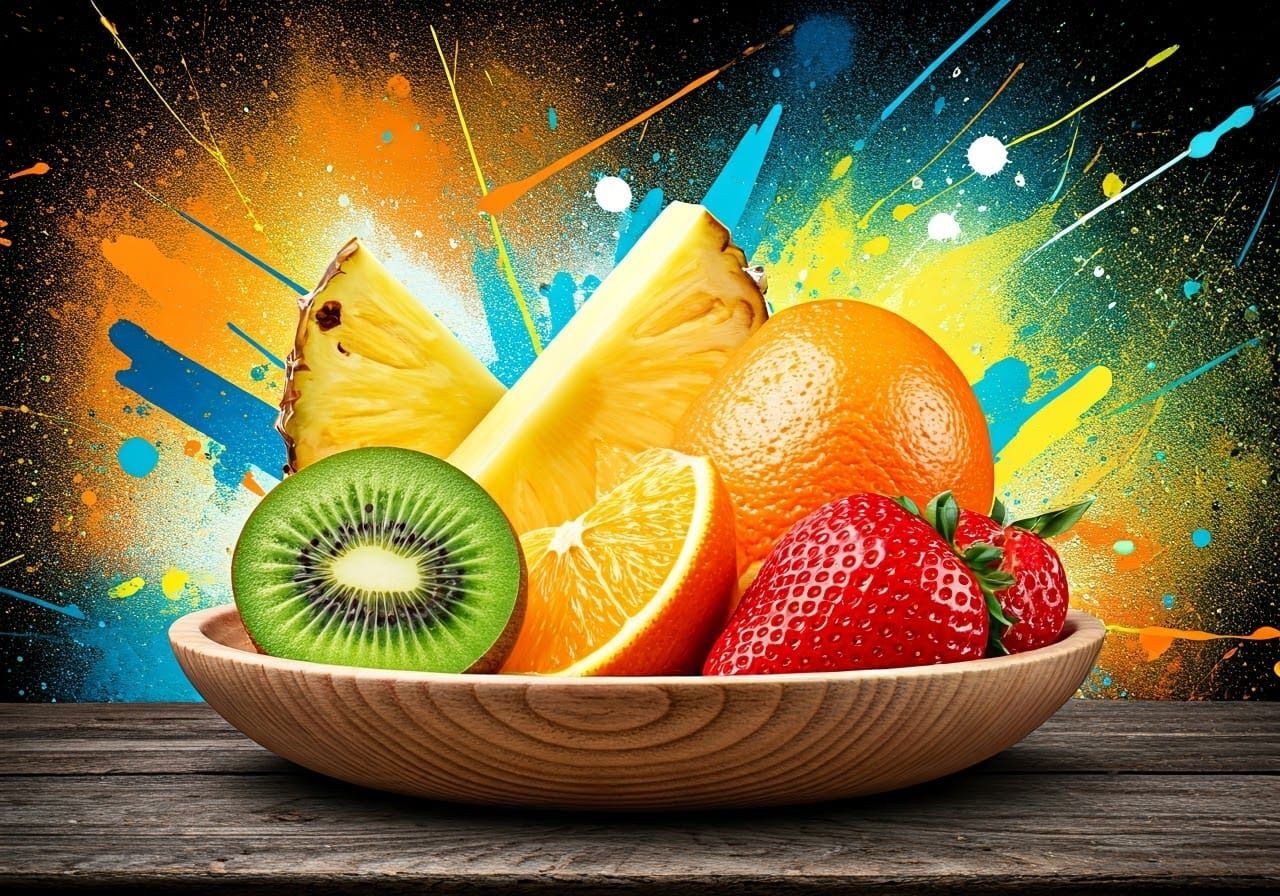 Vibrant Fruits on Plate in Graffiti Street Art Style