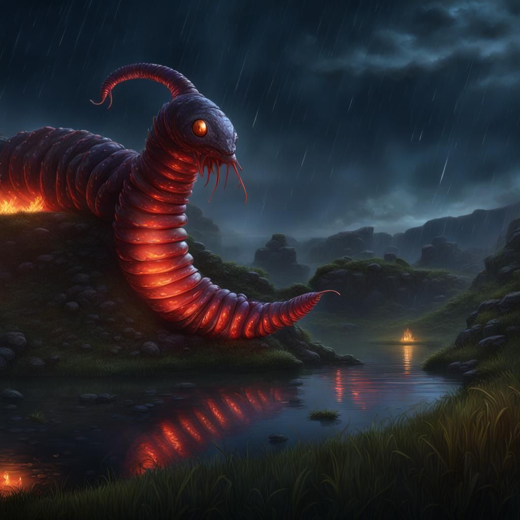 Giant Worm with Red Eyes in Fantastical Landscape