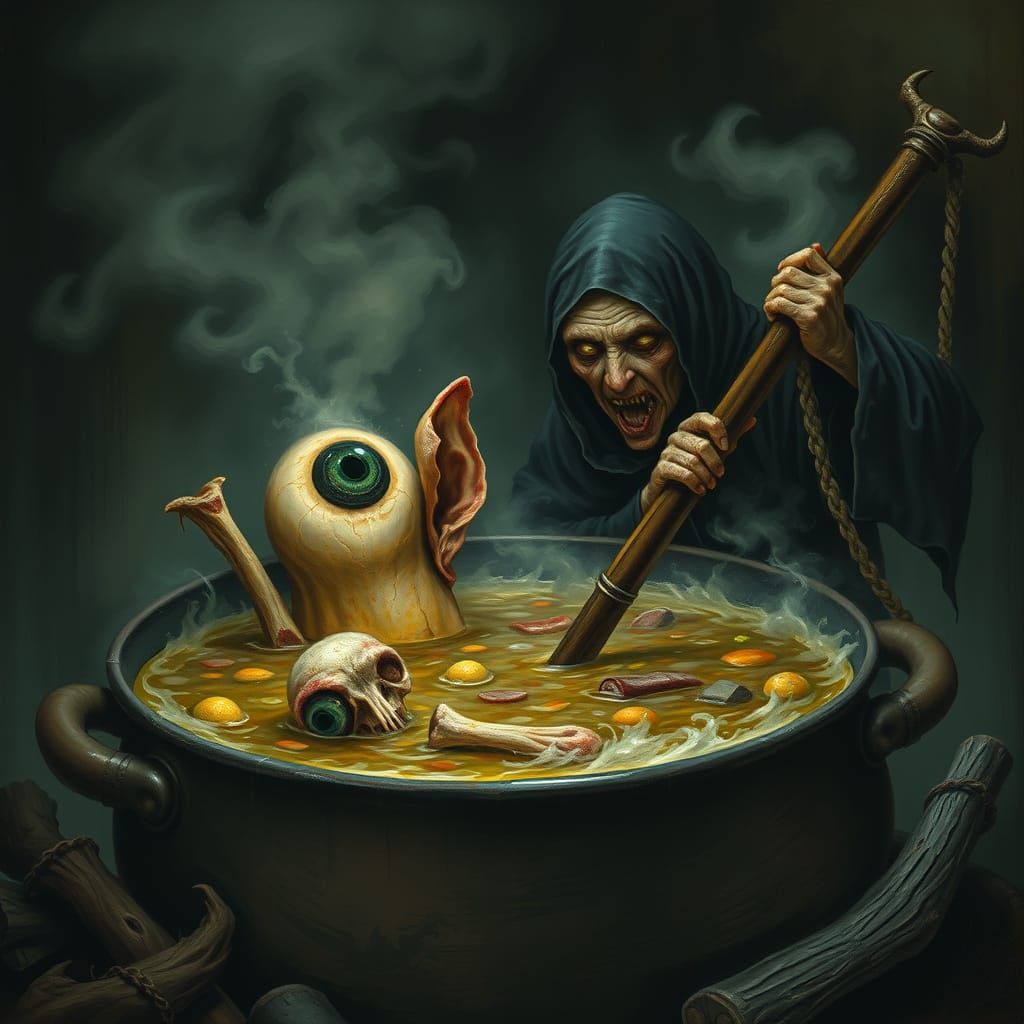 Mystical Soup Brewed by Hag in Eerie Giger Style