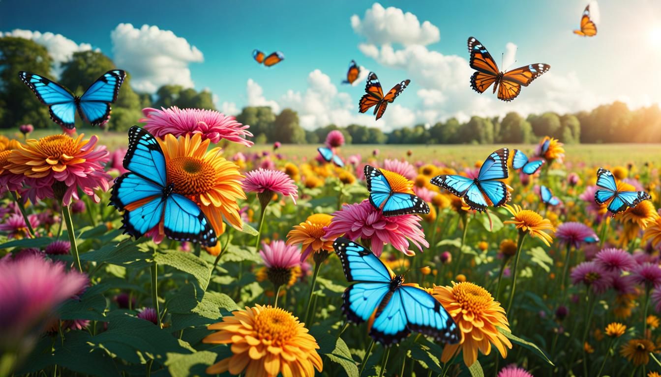 Colorful Butterflies Over Dystopian Pasture in Hyperrealism