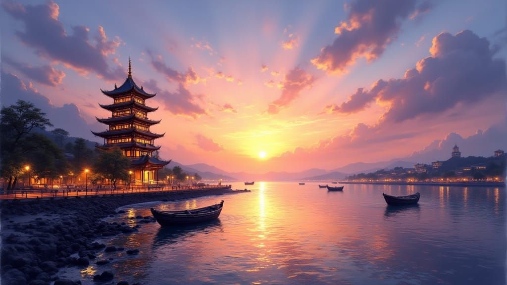 Sunset Over Zhaoqing Song Dynasty Tower with River Waves