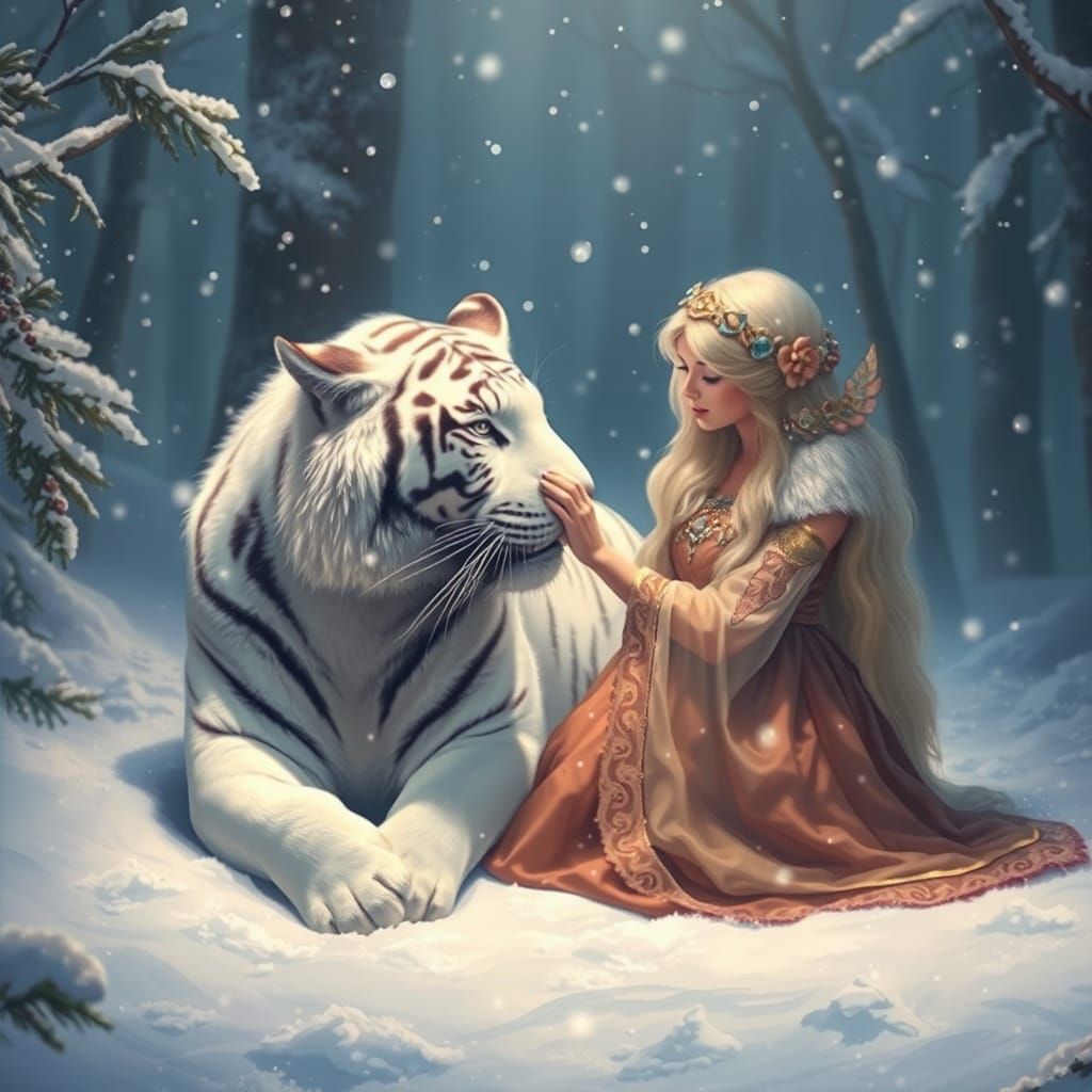 Snow Princess and White Tiger in Ethereal Fantasy