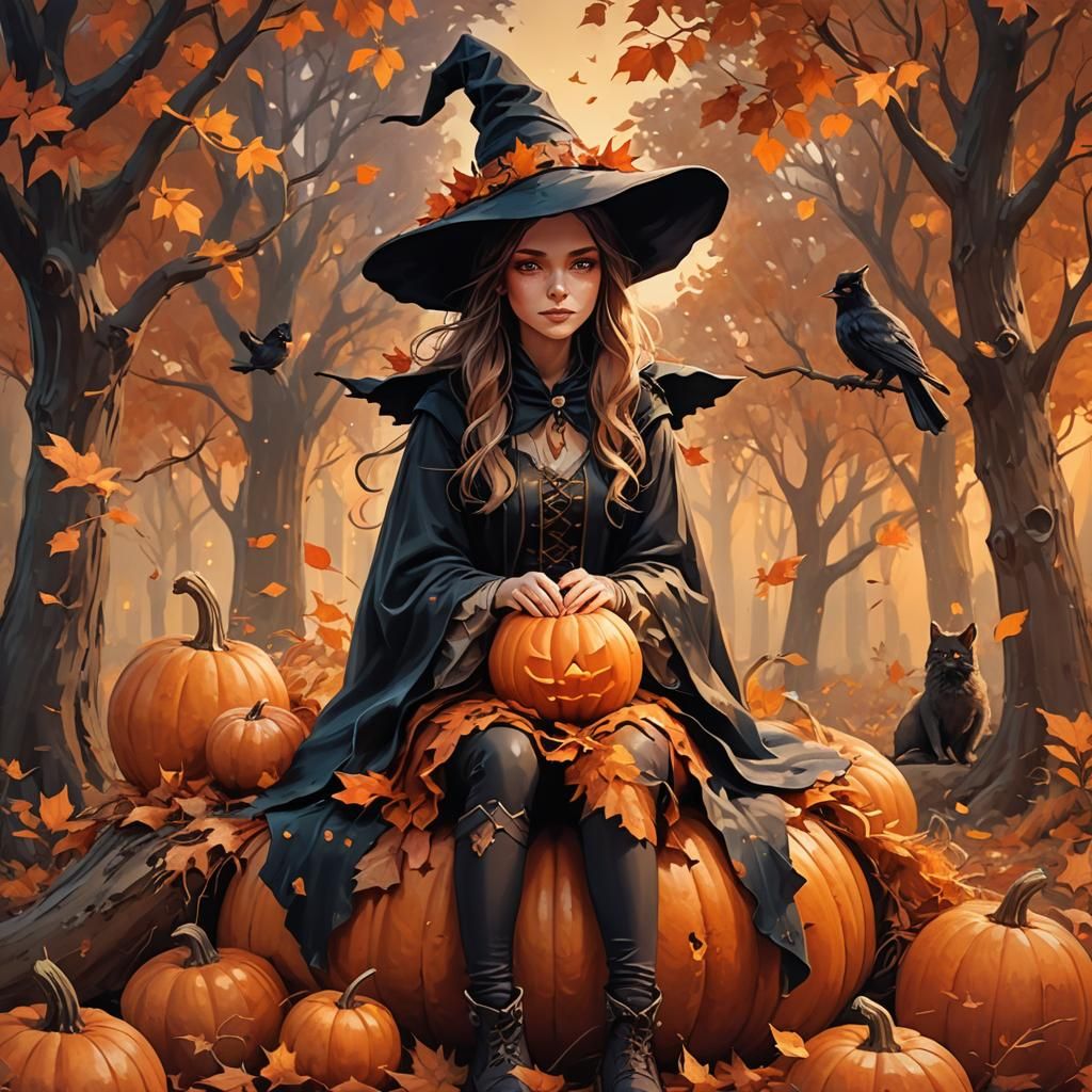 Young Witch on Pumpkin in Whimsical Digital Art