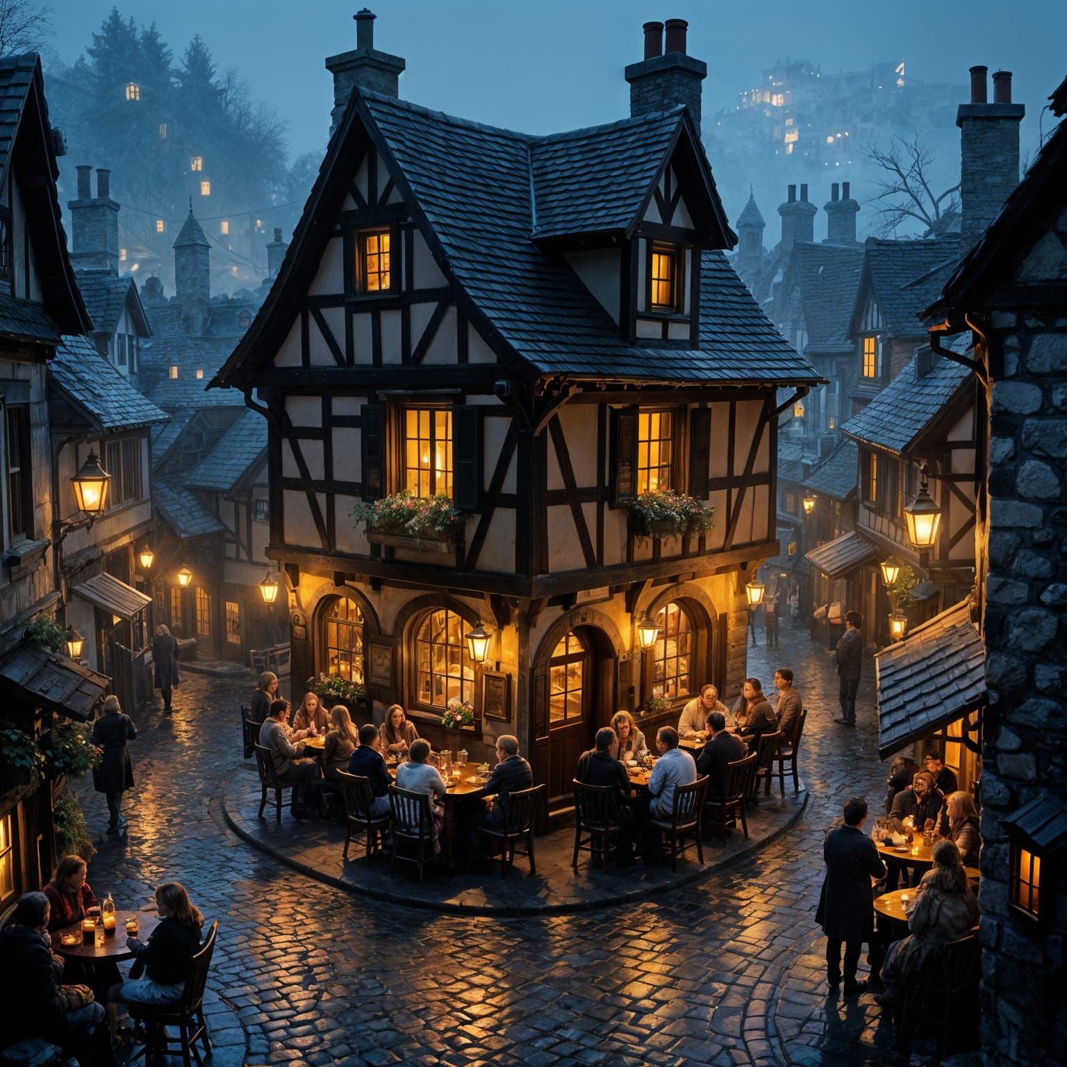 Cozy Tavern Scene with Lively Patrons and Wet Cobblestones