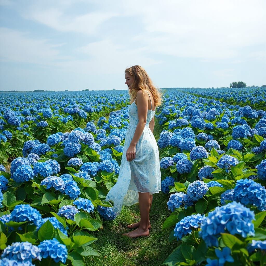 Woman in Hydrangea Field Impressionist Style