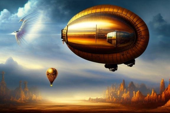 Golden Steampunk Blimp Soaring in a Vivid Sky
