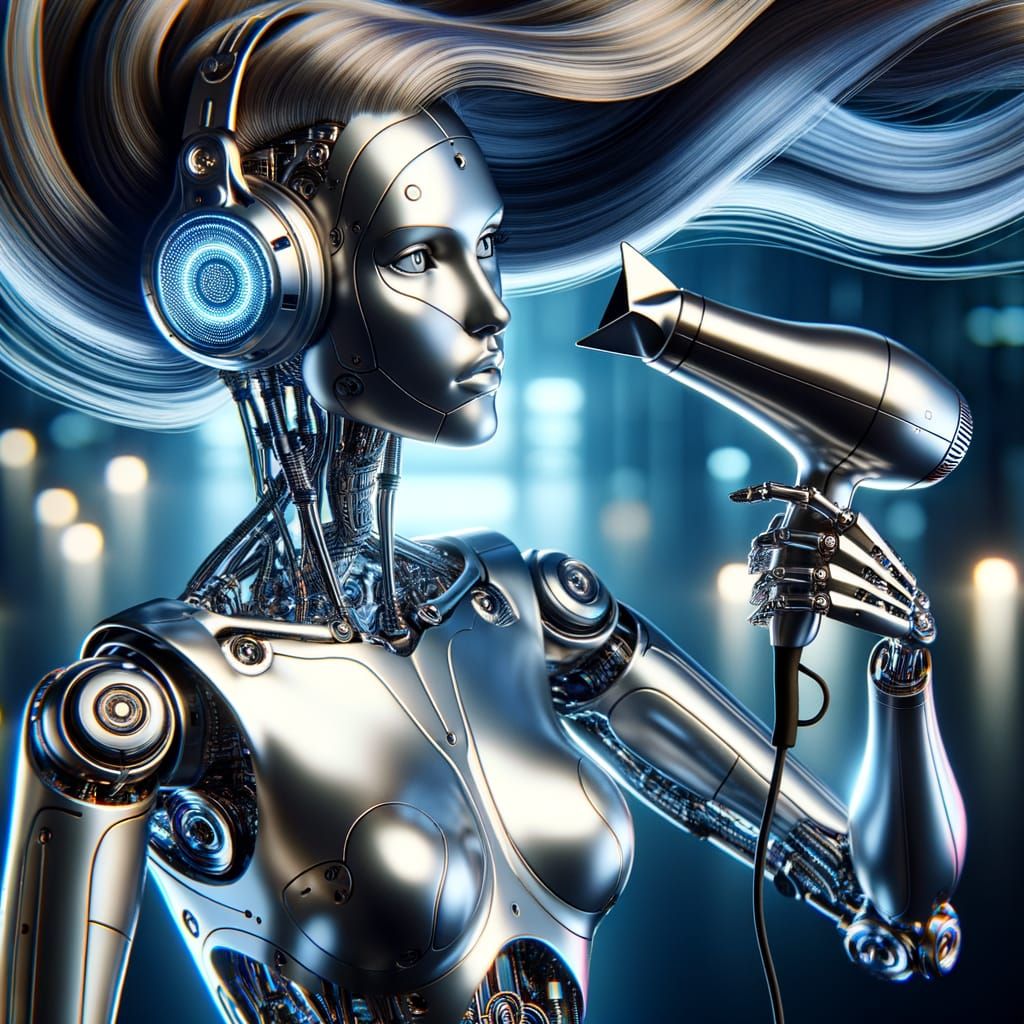 Sleek Robot Girl in Futuristic Pose, Manipulating Hair Dryer...