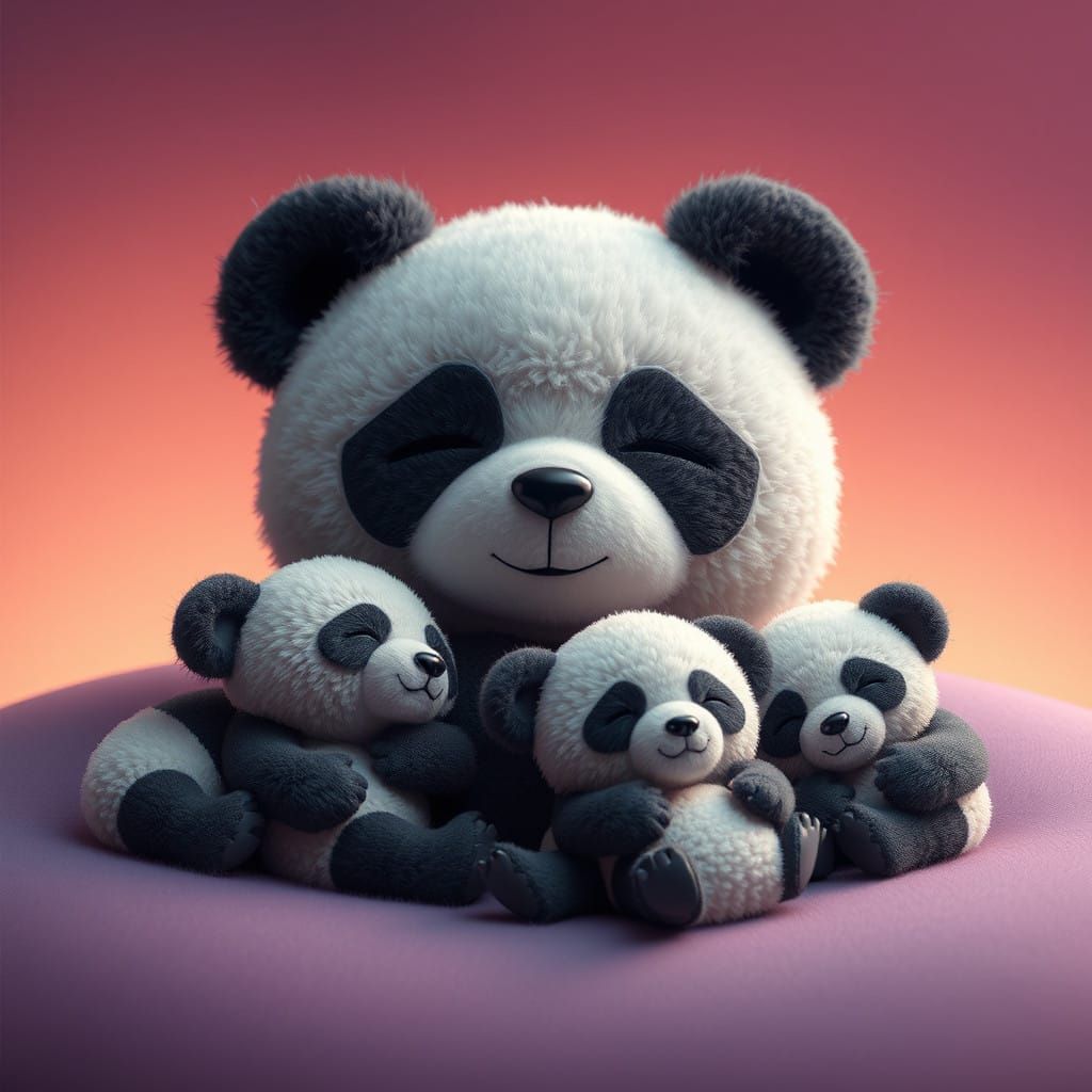 Surreal Panda Family Slumbers in Dreamlike Fantasy Landscape