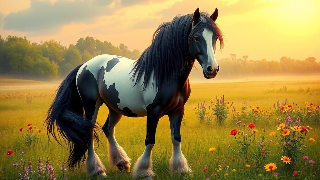 Majestic Gypsy Vanner Horse in a Dreamy Meadow Landscape