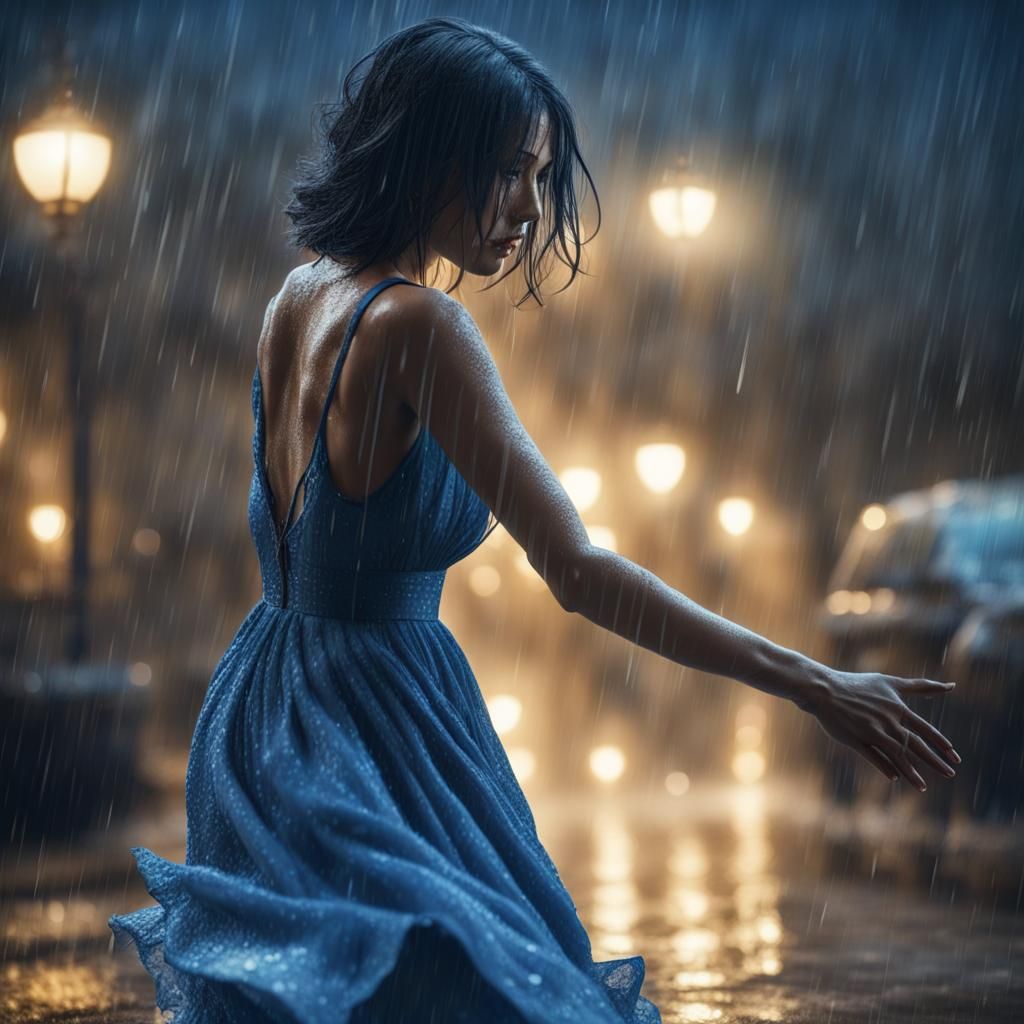 Woman Dancing in the Rain with Dynamic Lighting
