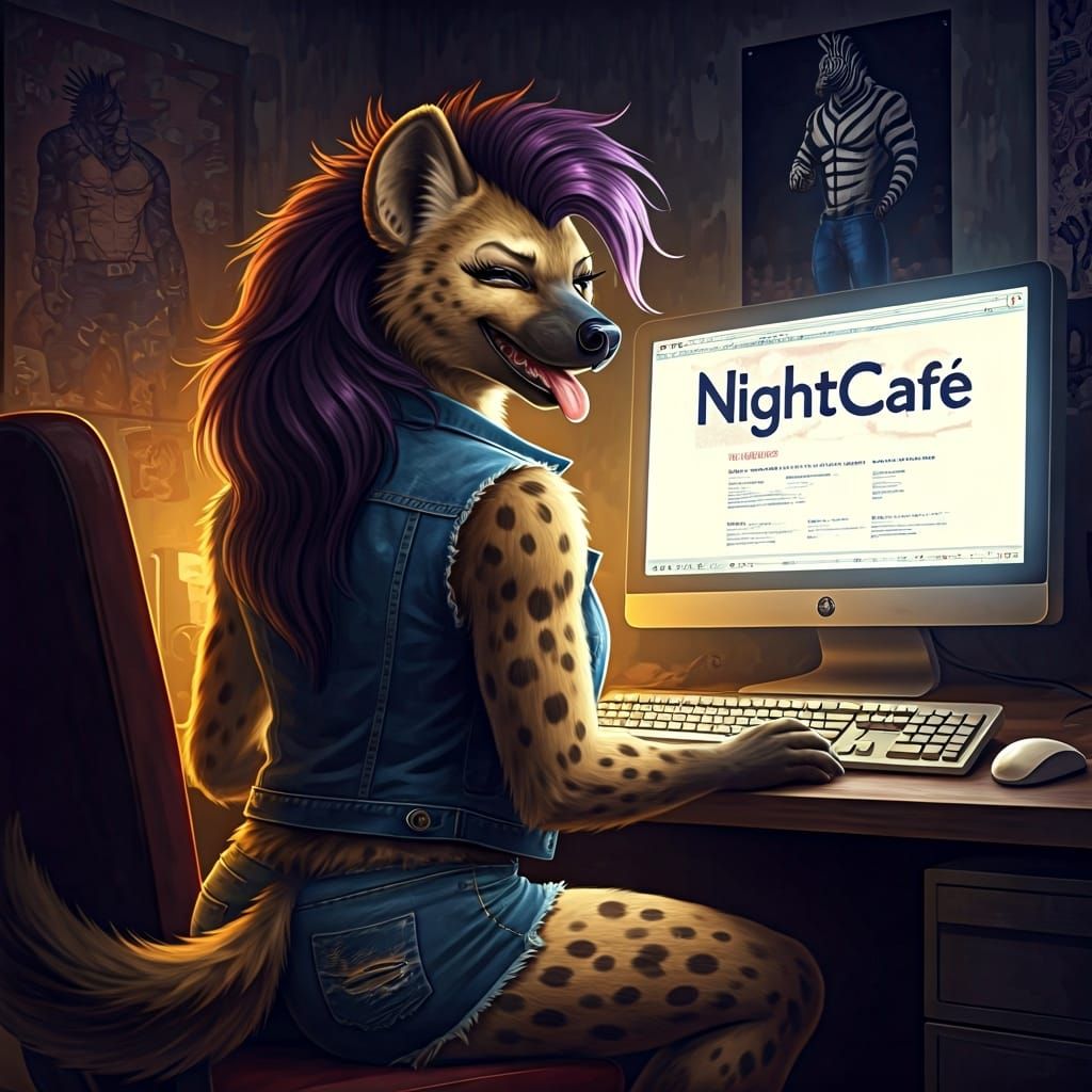 Hyena at Computer in Rembrandt Chiaroscuro Style