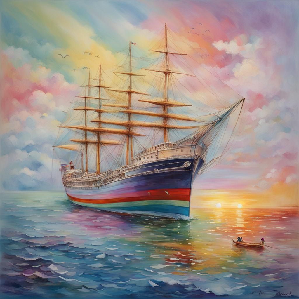 Pastel Ship Sails to Rainbow's Edge