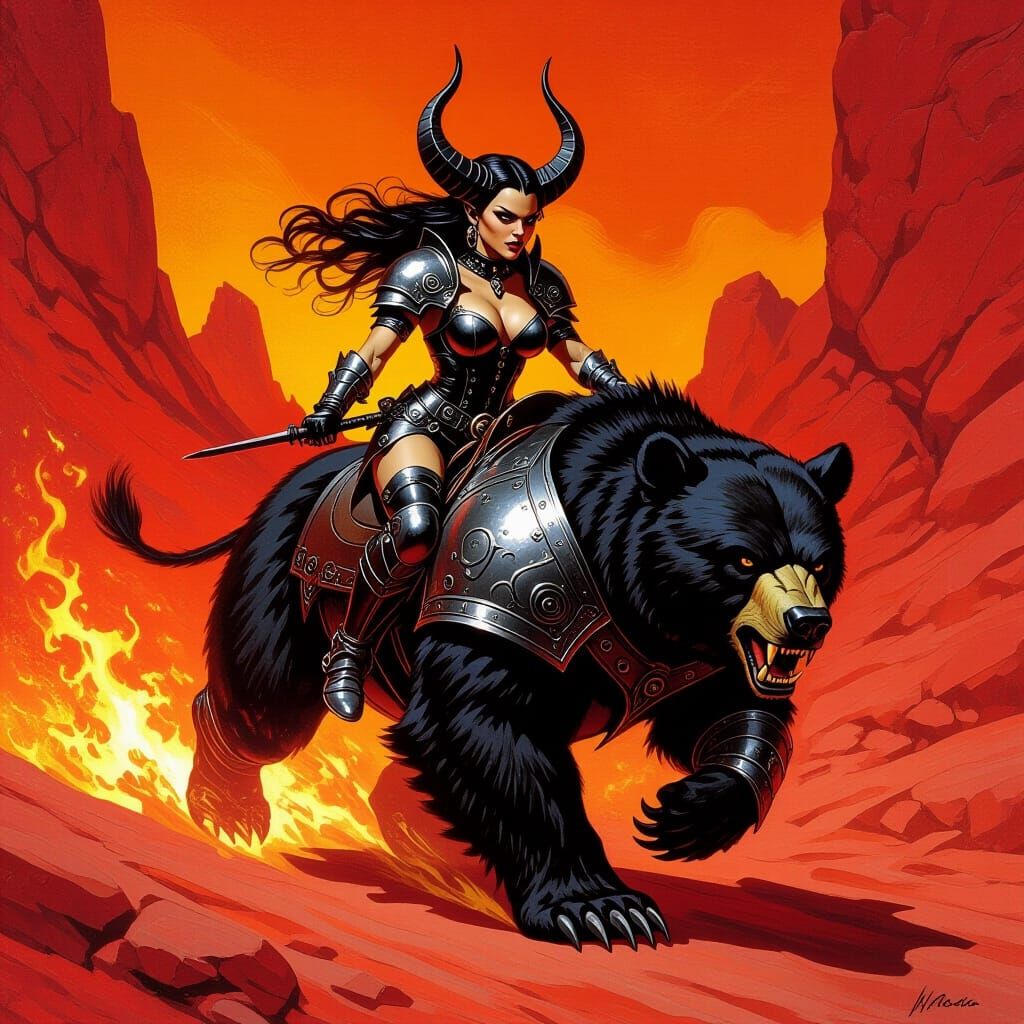Demon Rider on Armored Bear in Fiery Landscape