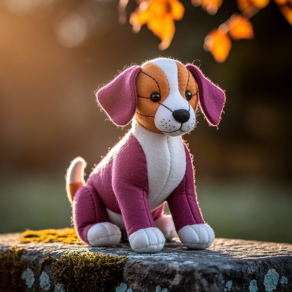 Felt Fabric Puppy in Golden Autumn Light