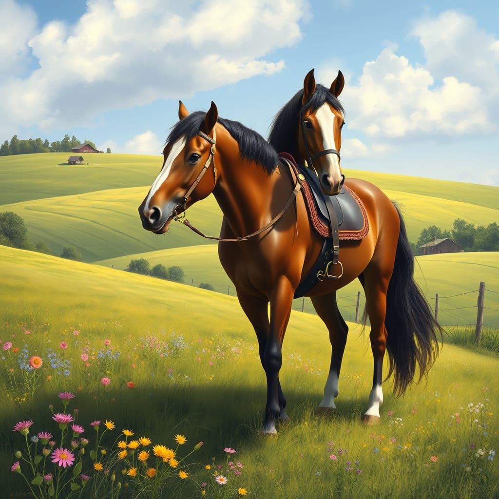 Majestic Horse on Serene Farm with Wildflowers