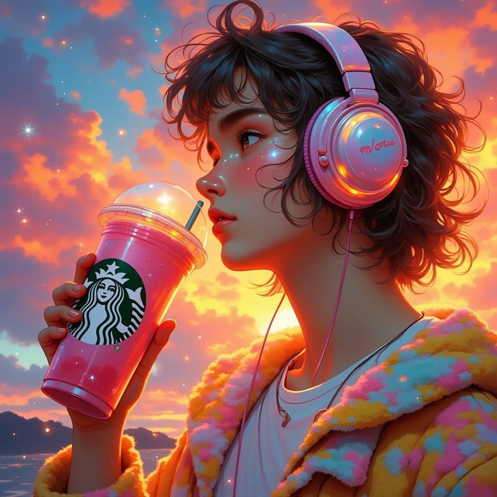 Man With Headphones and Boba Tea in 80s Style