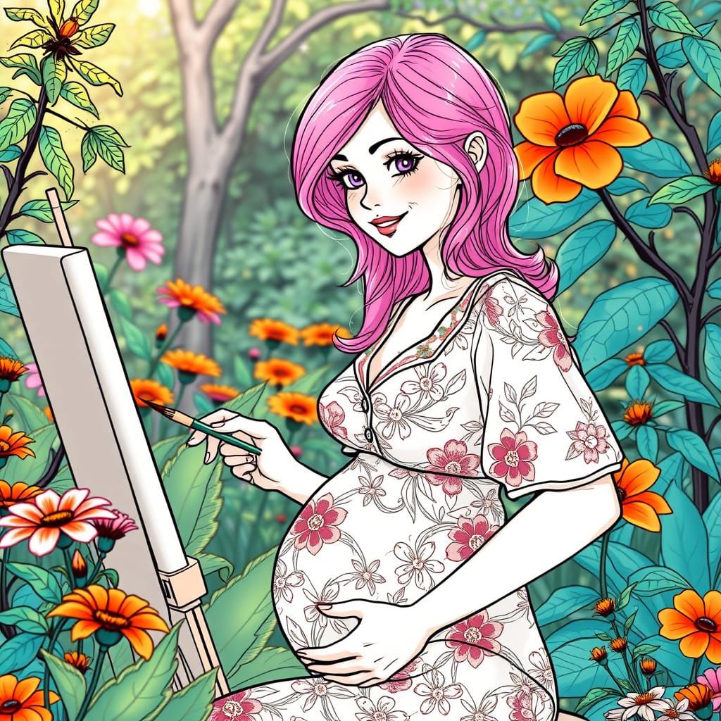 Elegant Woman Paints in a Serene Garden, Ink Line Art