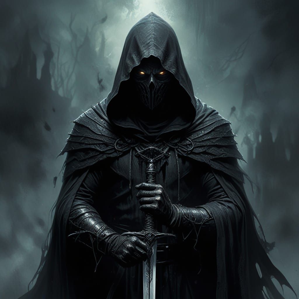 Dark Hooded Spirit with Sword in Gothic Style