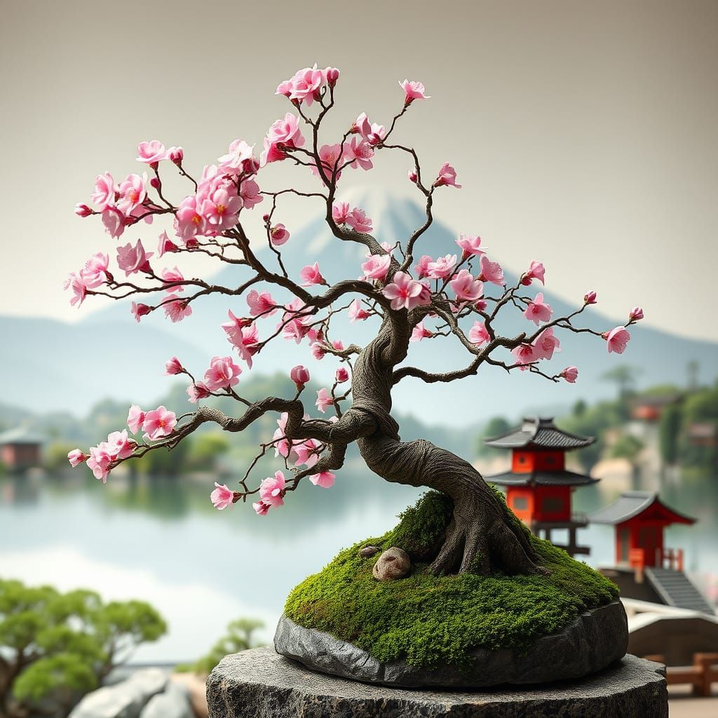 Ancient Sakura Bonsai in Dreamy Japanese Landscape