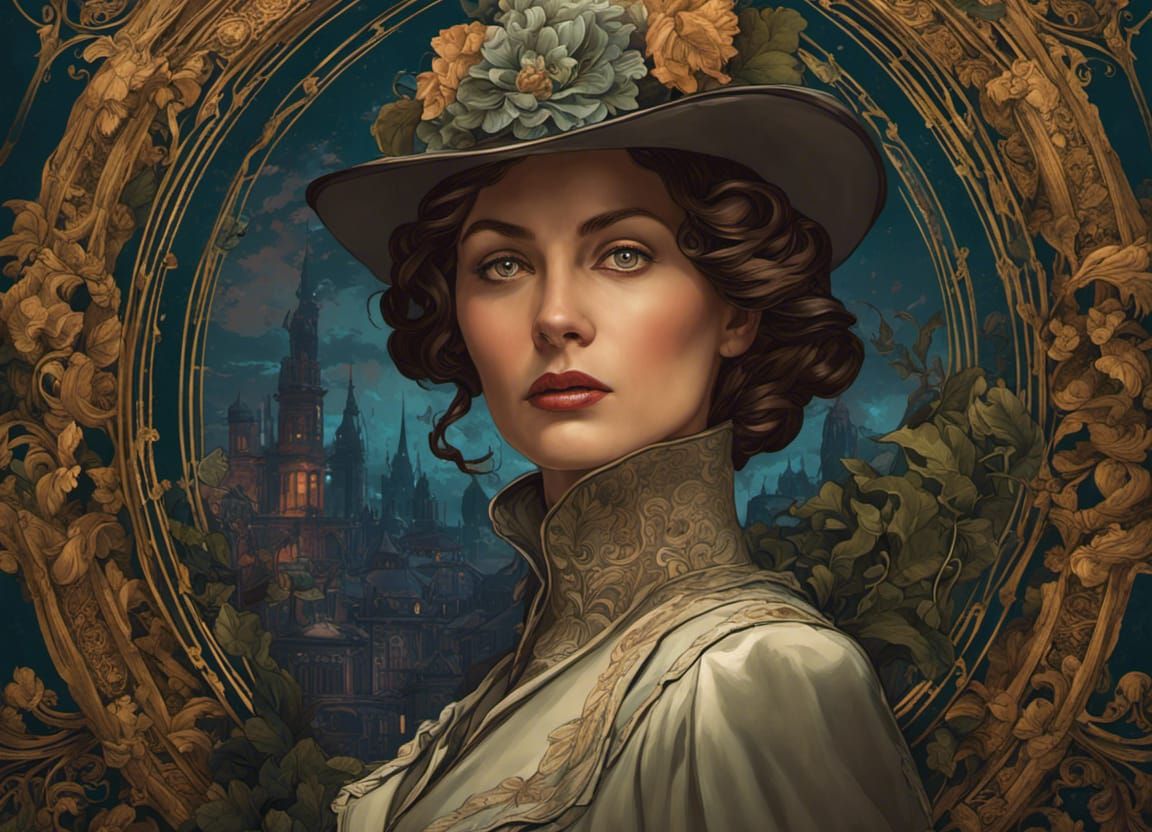 Victorian Female Detective Portrait in Mucha Style