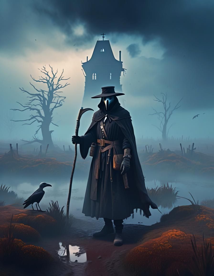 Plague Doctor on Foggy Moor in Detailed Matte Painting