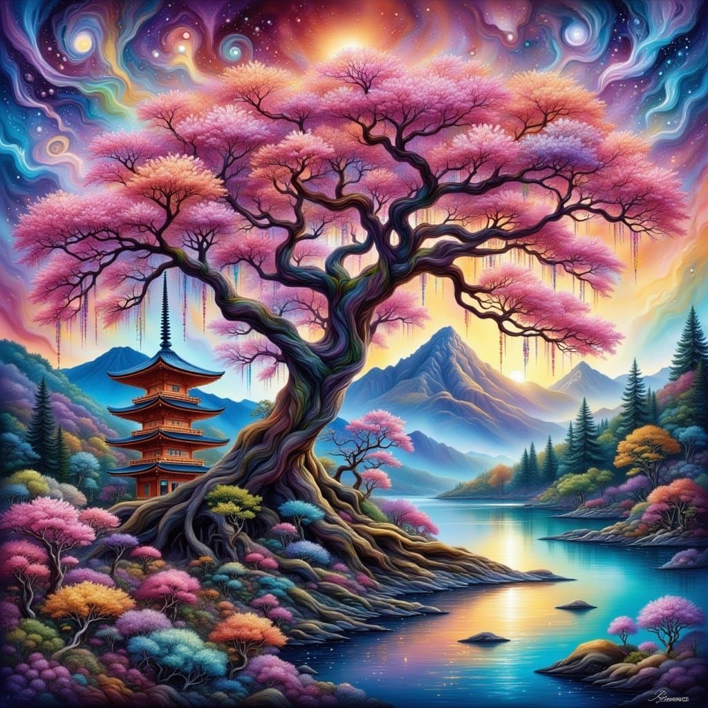 Sakura Tree Landscape in Vibrant Graffiti Style