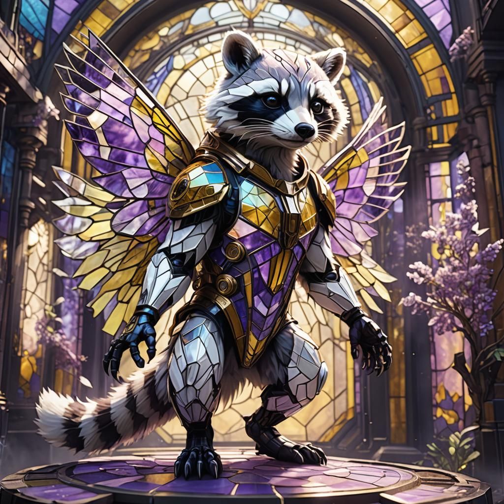 Biomechanical Raccoon with Stained Glass Wings