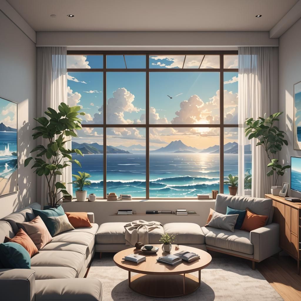 Minimalist Ocean View Living Room in Anime Style