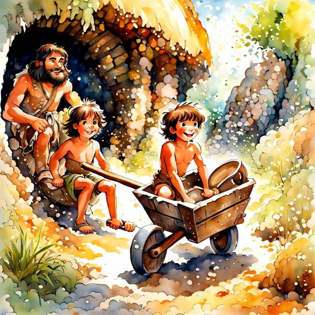 Caveman Stone Wheelbarrow Watercolor Painting