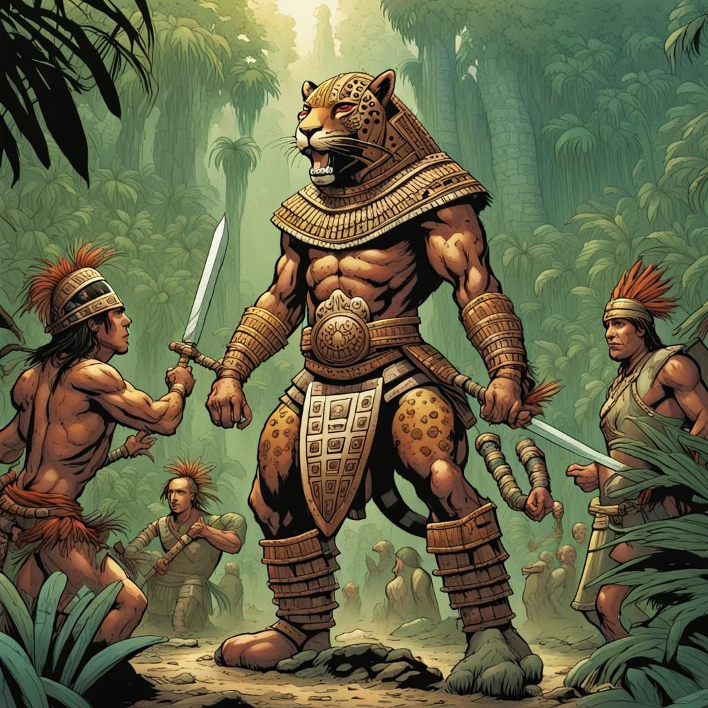 Jaguar Warrior Defends Aztec Temple: Comic Book Art