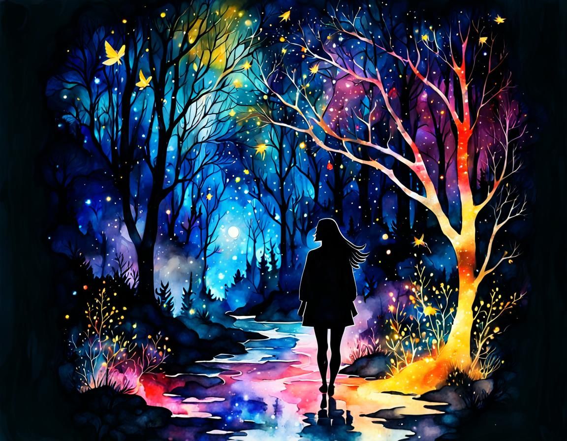 Smokey Silhouette Under Starry Night in Watercolor Art