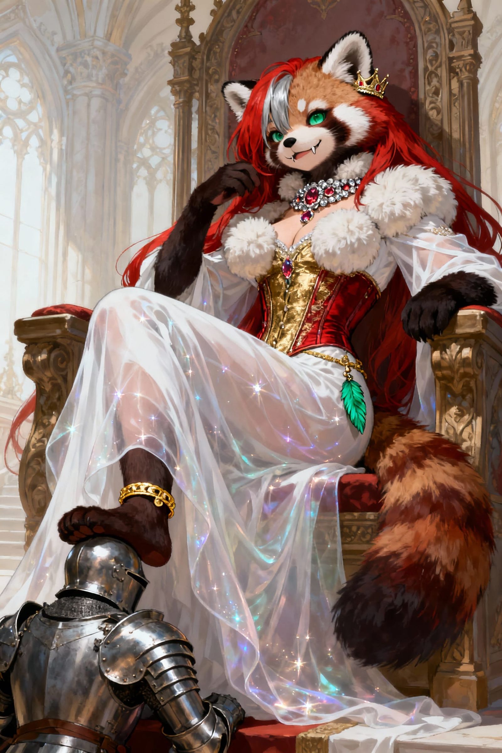 Furry Queen on Throne with Knight, Fantasy Art