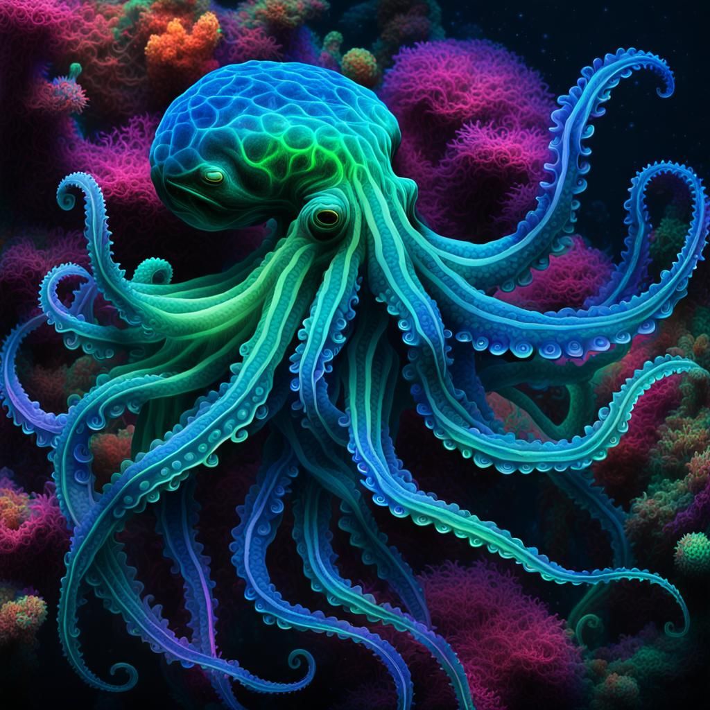 Bioluminescent Octopus in Dark Oceanic Depths