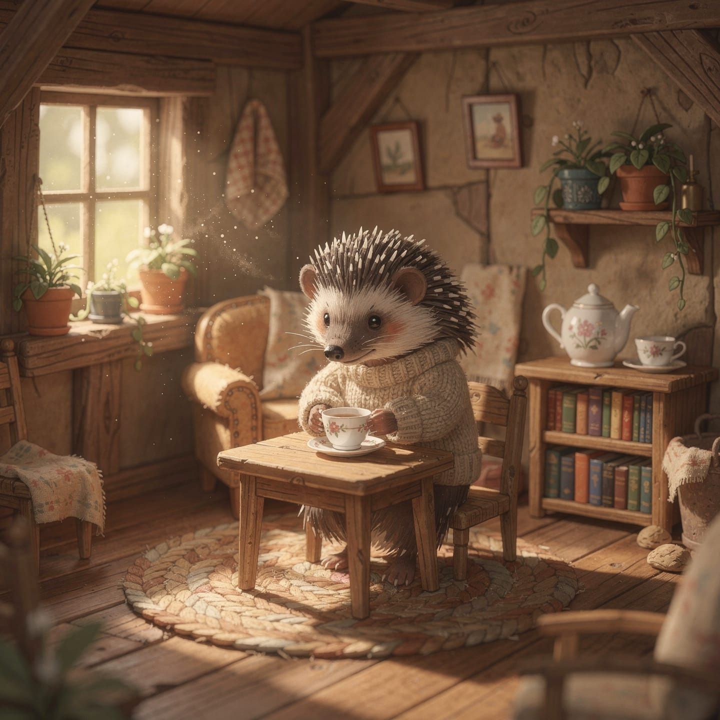 Hedgehog Sipping Tea in Cozy Forest Cottage Illustration