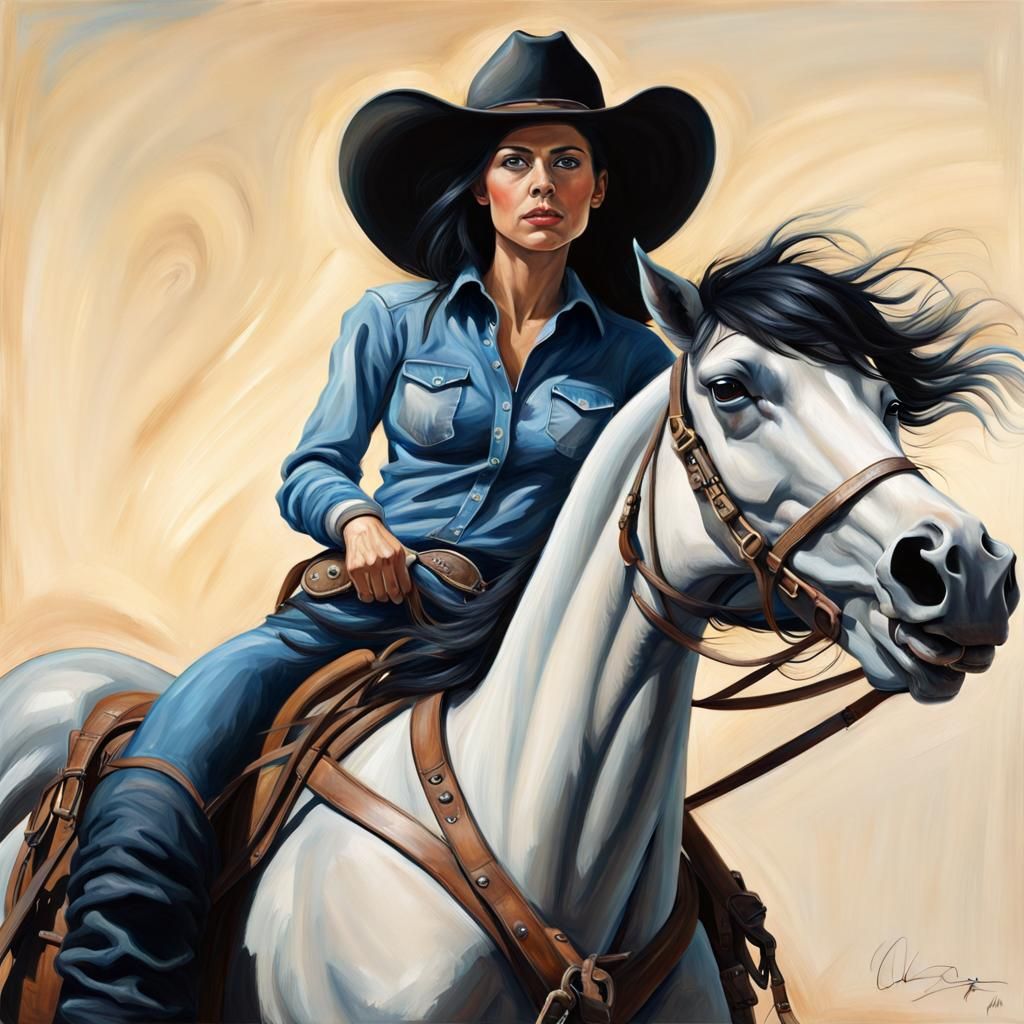 Cowgirl on Horseback: Hyperdetailed Oil Painting