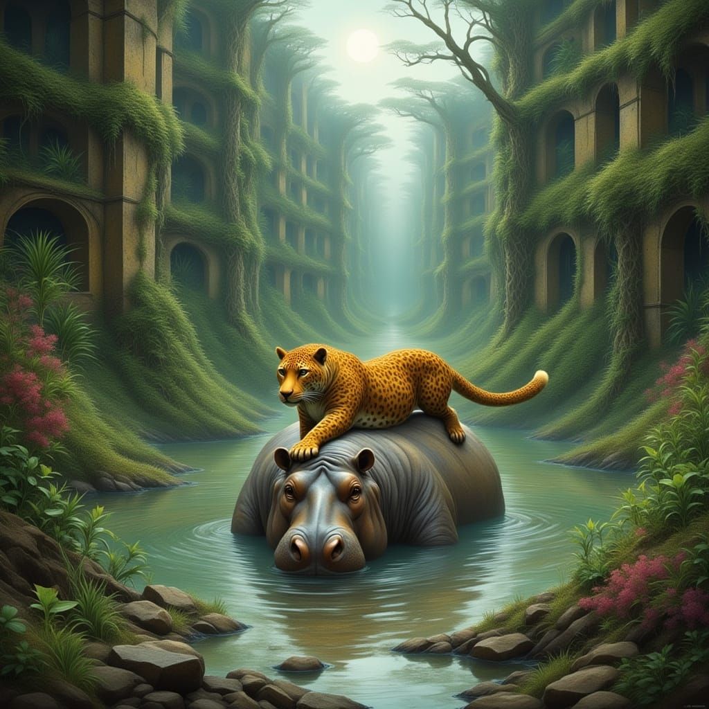 A jaguar pounces on a hippo in the long abandoned city overg...