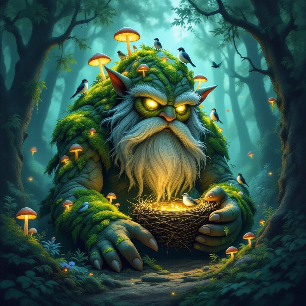 Moss Giant in Bioluminescent Forest: Fantasy Art