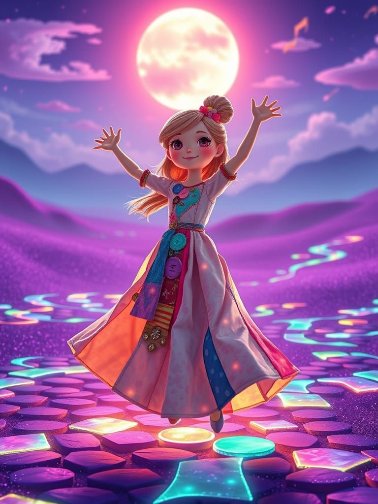 Patchwork Doll Twirling in Surreal Landscape