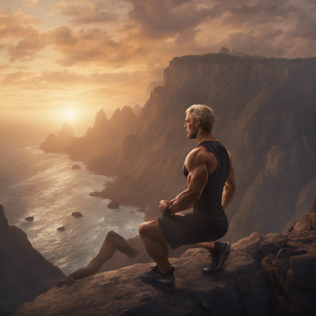 Blonde Man's Sunrise Breathing Exercise on Cliff