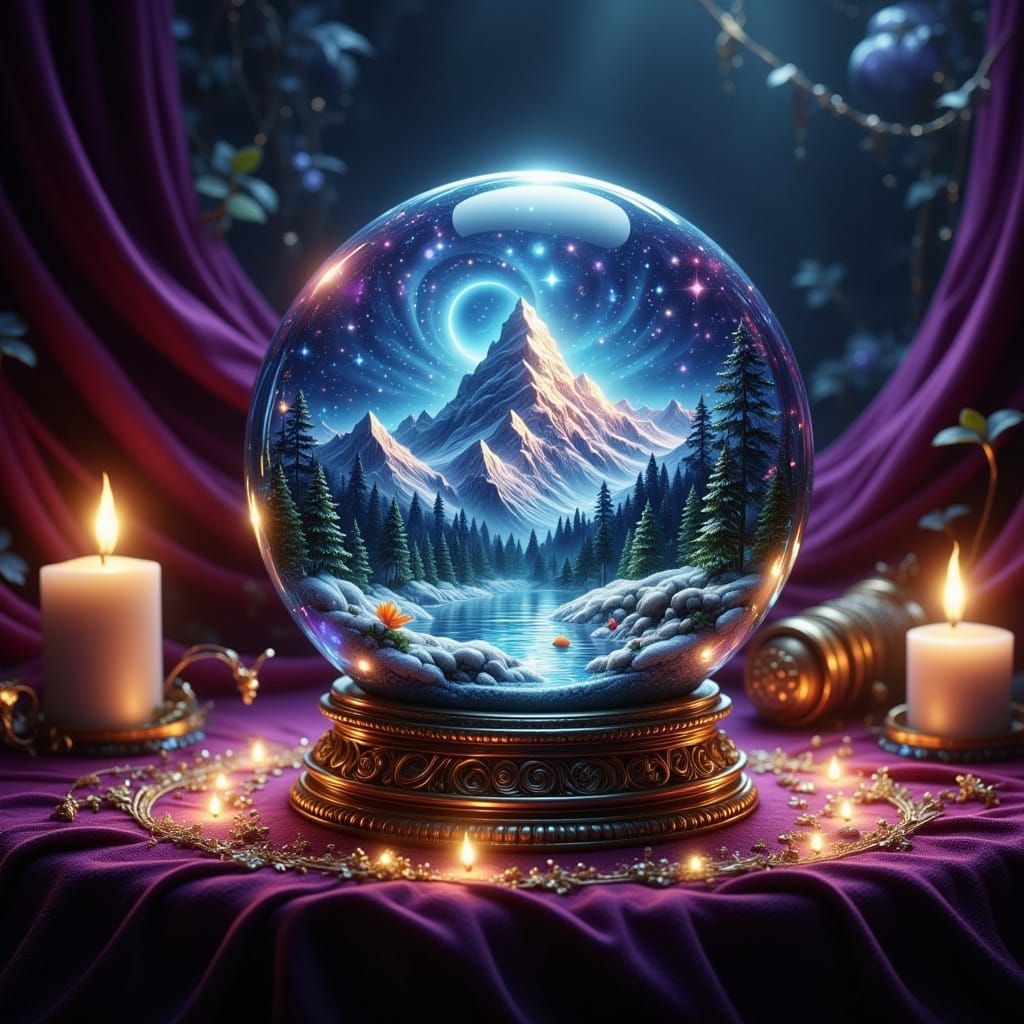 Mystical Crystal Ball Snow Globe, Stained Glass Style